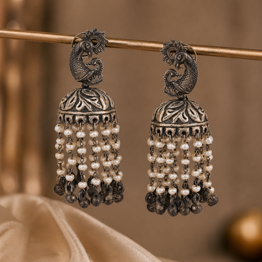 Oxidised Silver Peacock Pearl Tassel Jhumka Earrings