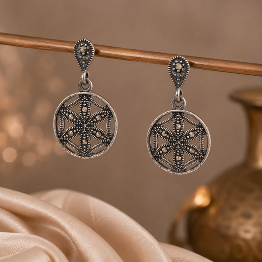 Oxidised Silver Floral Drop Earrings