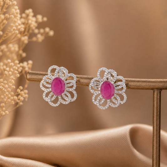 Pink Floral CZ Stud Earrings for Women