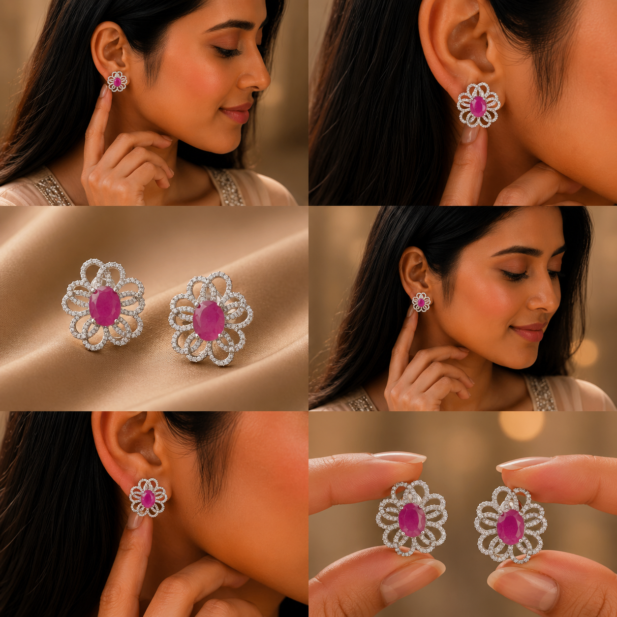 Pink Floral CZ Stud Earrings for Women