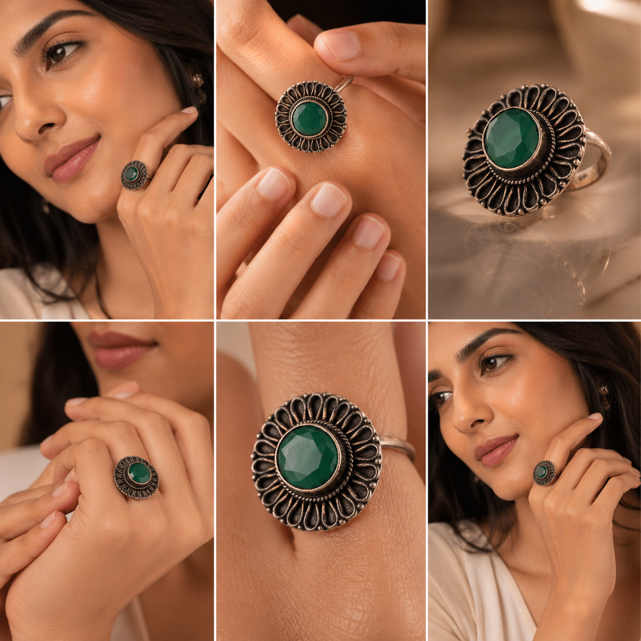 925 Sterling Silver Vintage Green Stone Statement Ring