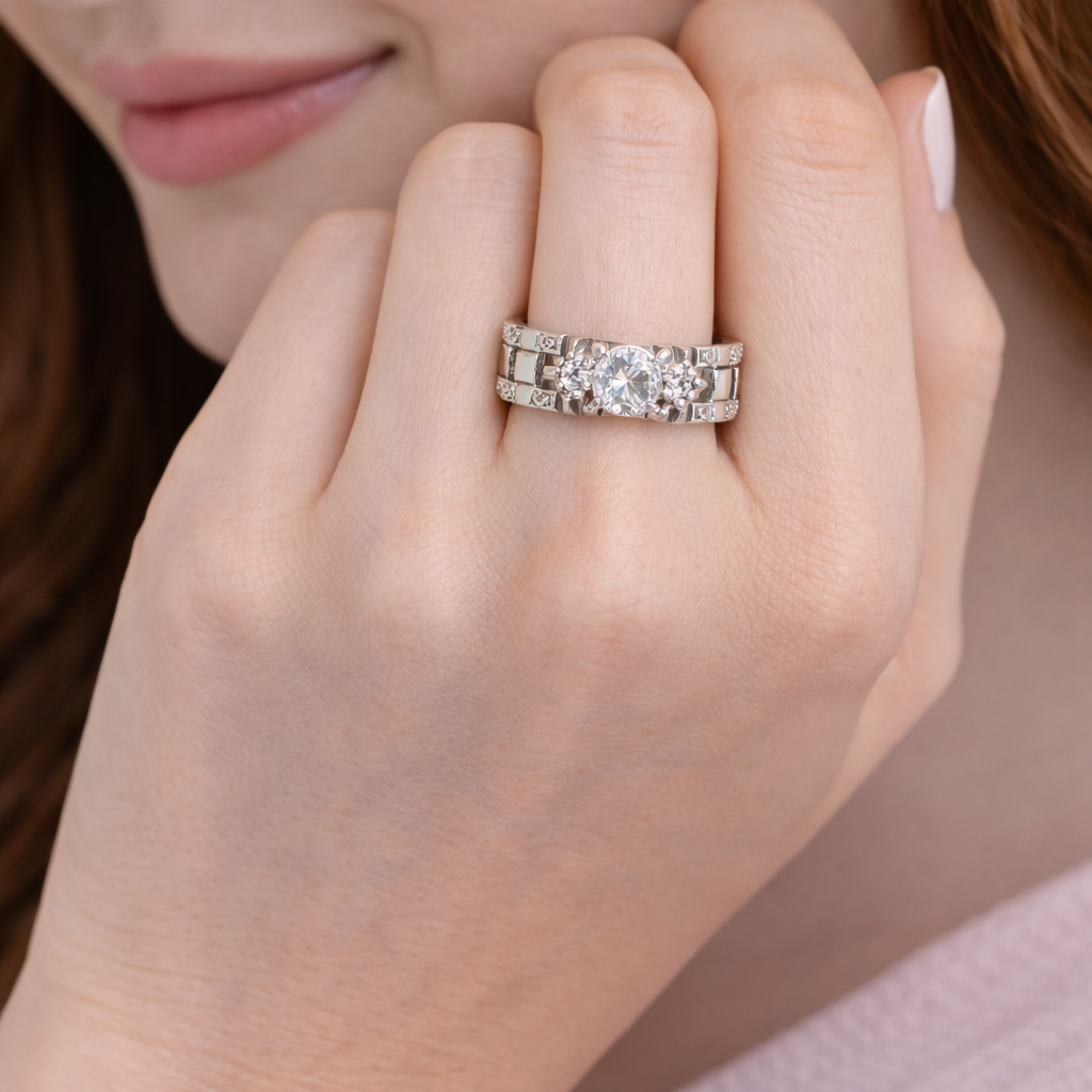 Elegant Silver Geometric Stone Ring for Women