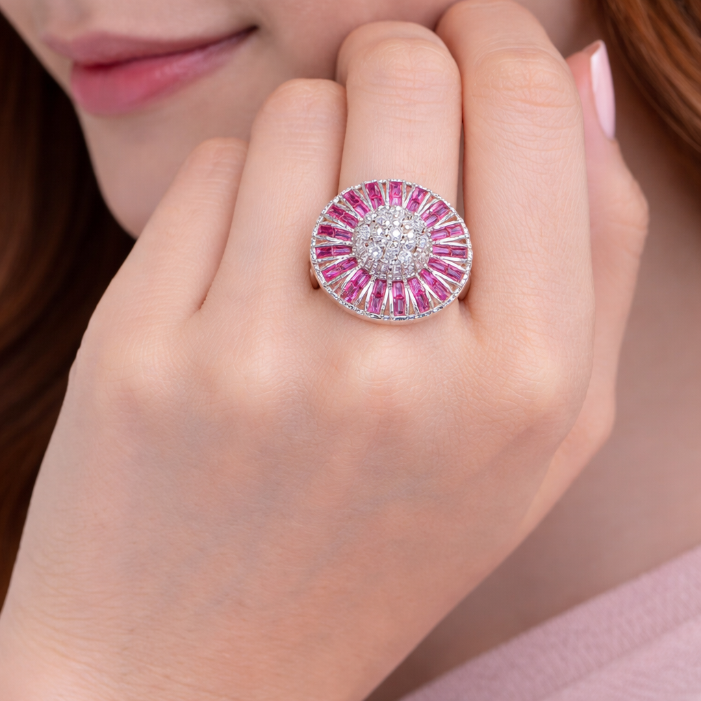 Radiant Pink Halo Silver Statement Ring for Women