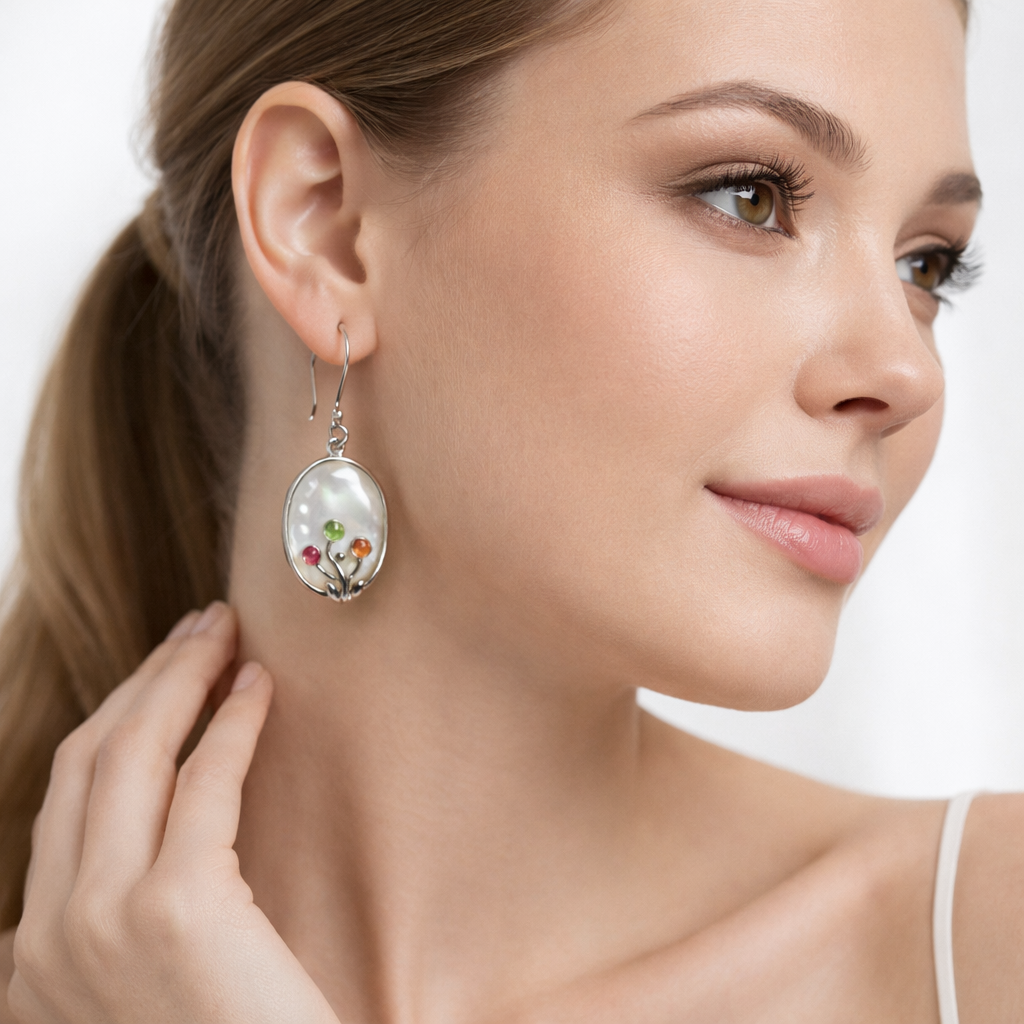 Mother-of-Pearl & Multicolor Gemstone Drop Earrings in Sterling Silver