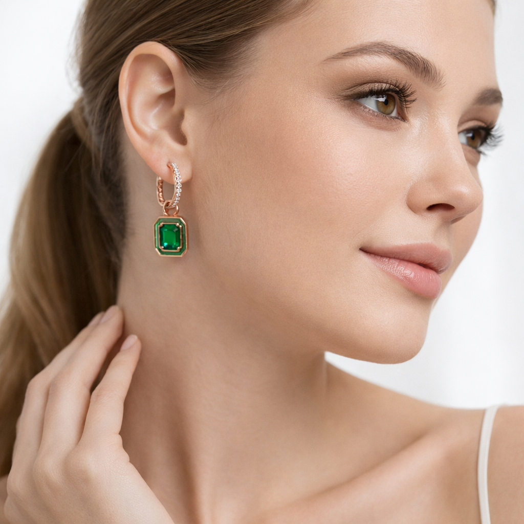 Sterling Silver Green Stone Huggie Drop Earrings