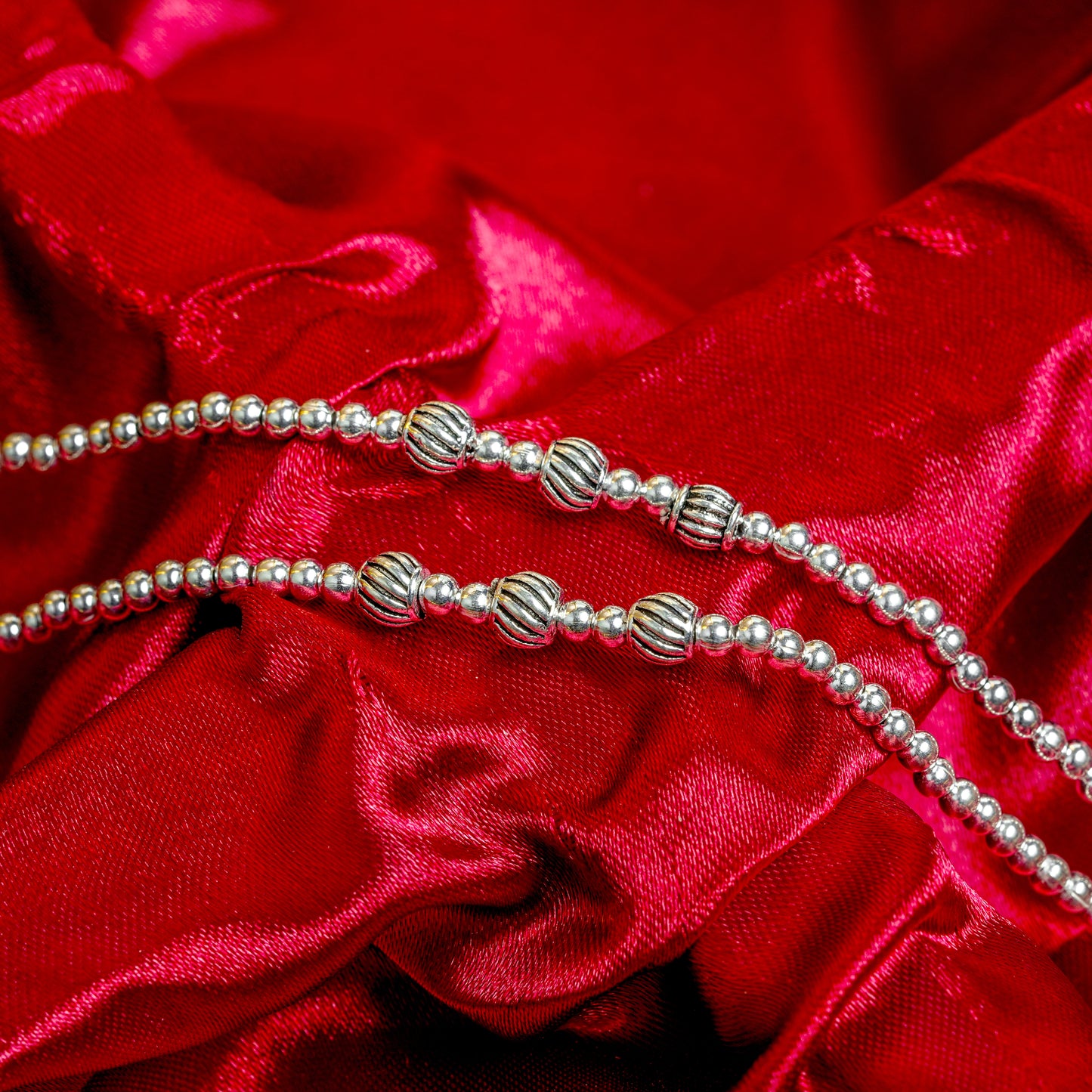 Classic Silver-Toned Beaded Chain Payal (Pair) with Filigree Accents