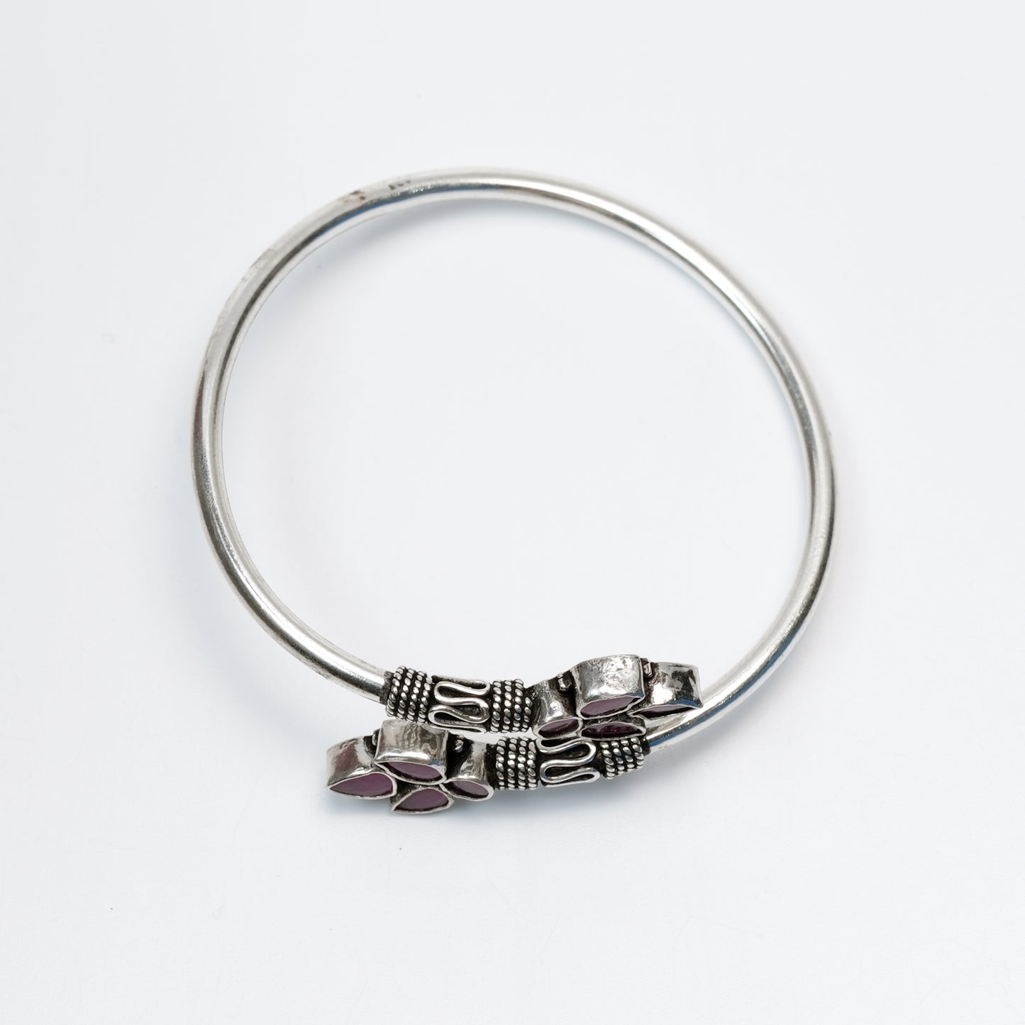 Floral Purple Stone Silver Bangle – 925 Sterling Silver Open Bracelet