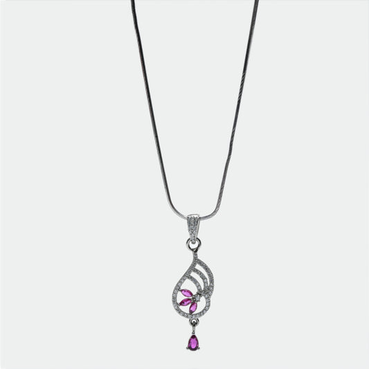 Elegant Silver Pendant Necklace Set – Pink Stone Drop Jewellery