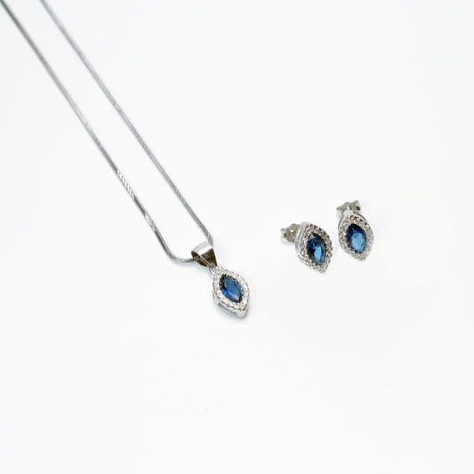 Elegant Silver Marquise Blue Stone Necklace Set – Classic Sparkle Jewellery