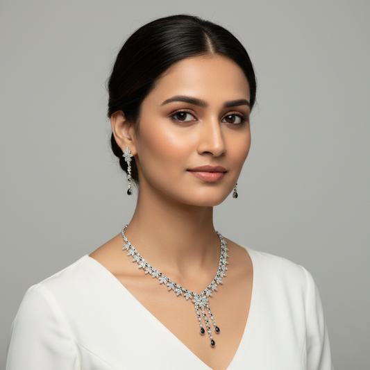 Classic Floral Silver Necklace Set – 925 Sterling Silver Black Drop Detailing