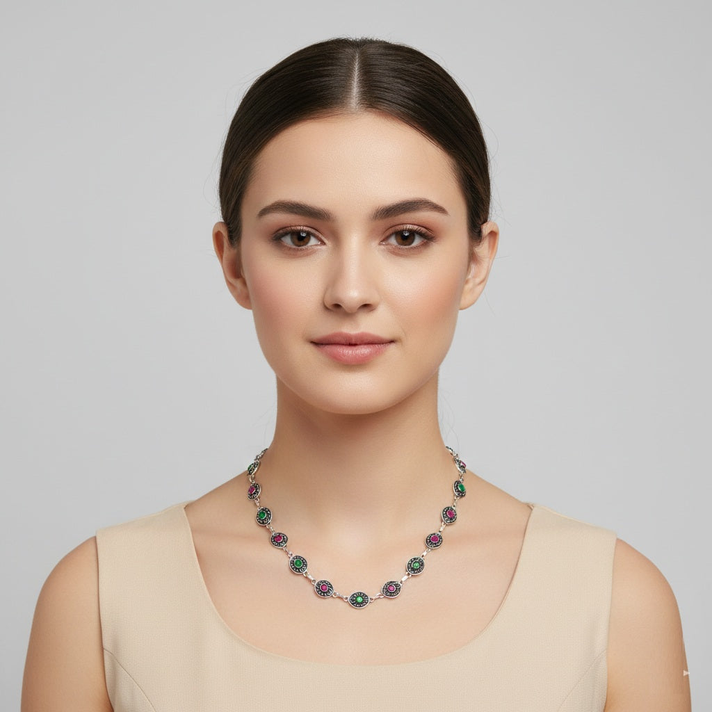 Dual-Tone Stone Silver Station Necklace