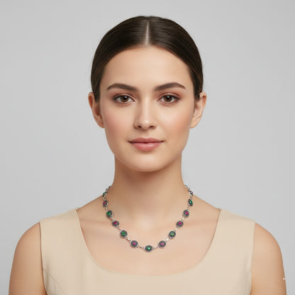 Dual-Tone Stone Silver Station Necklace