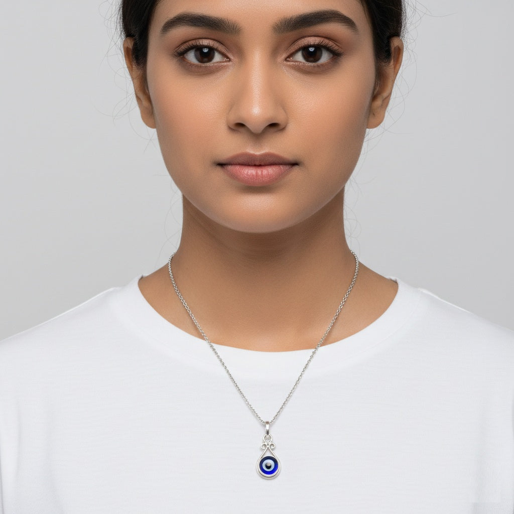 Blue Evil Eye Silver Pendant Necklace