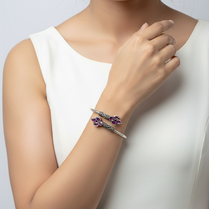 Floral Purple Stone Silver Bangle – 925 Sterling Silver Open Bracelet