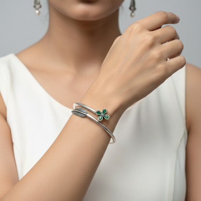 Floral Green Stone Silver Bangle – 925 Sterling Silver Open Bracelet