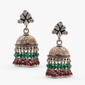 Oxidised Silver Traditional Jhumka Earrings with Green & Red Beads