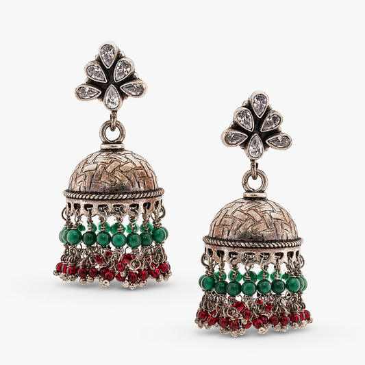 Oxidised Silver Traditional Jhumka Earrings with Green & Red Beads