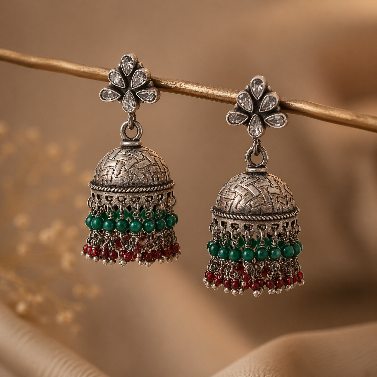 Oxidised Silver Traditional Jhumka Earrings with Green & Red Beads