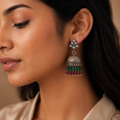Oxidised Silver Traditional Jhumka Earrings with Green & Red Beads