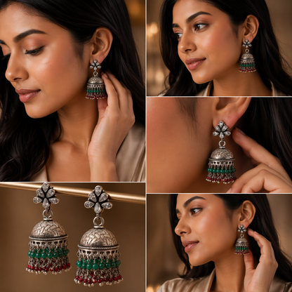 Oxidised Silver Traditional Jhumka Earrings with Green & Red Beads