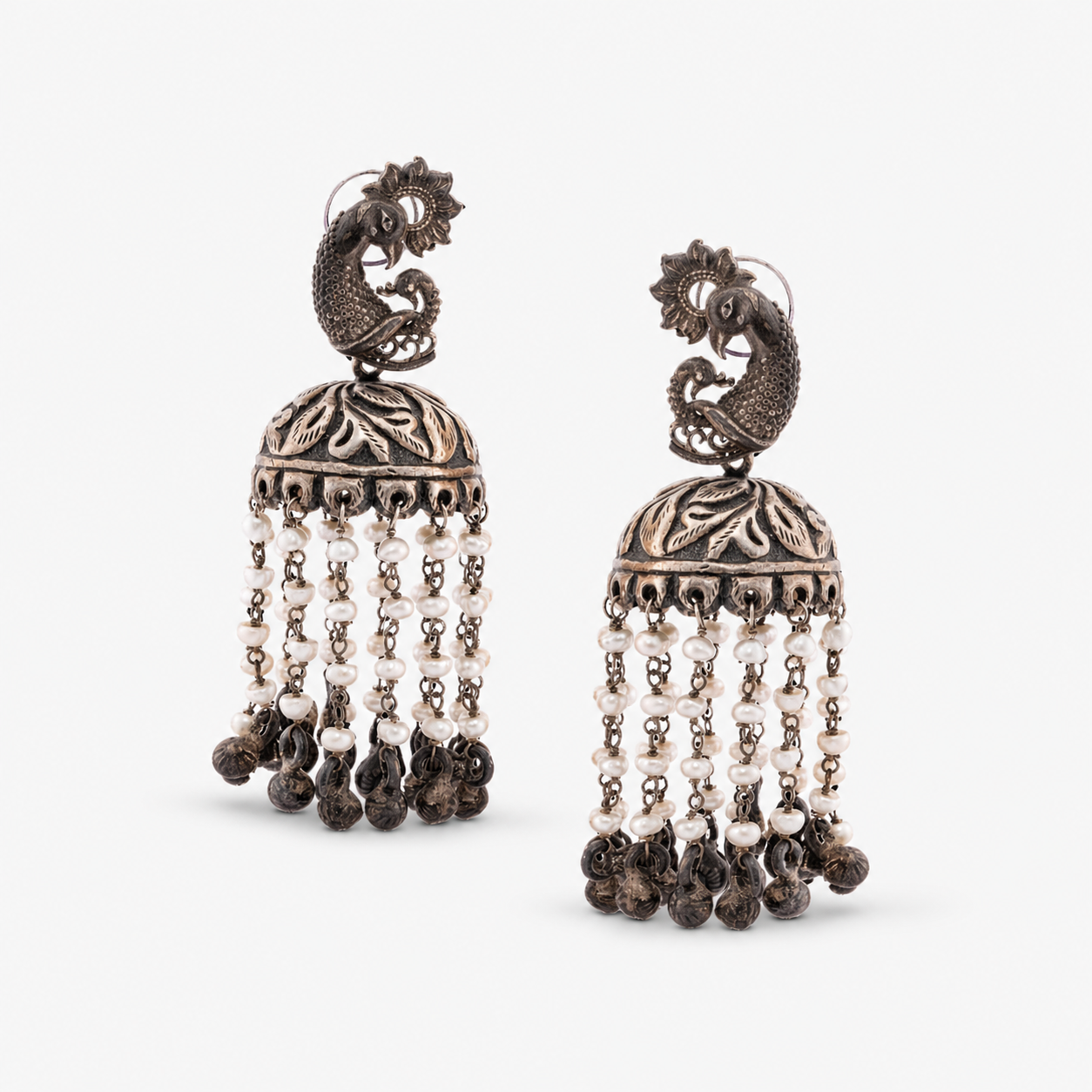 Oxidised Silver Peacock Pearl Tassel Jhumka Earrings