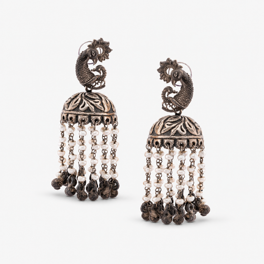 Oxidised Silver Peacock Pearl Tassel Jhumka Earrings