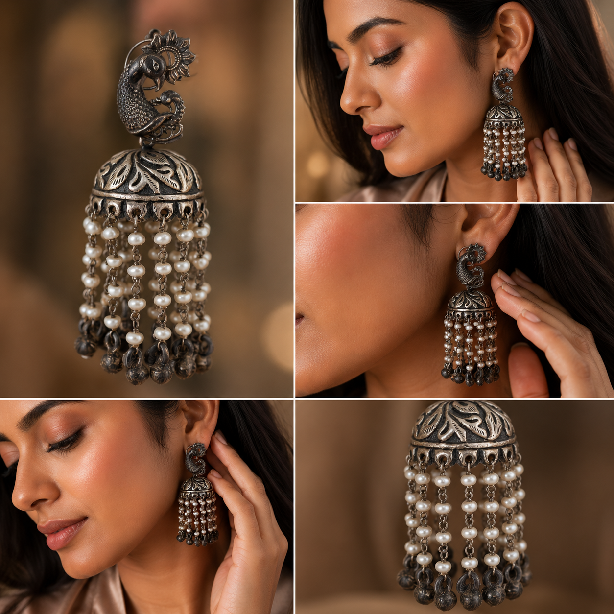 Oxidised Silver Peacock Pearl Tassel Jhumka Earrings