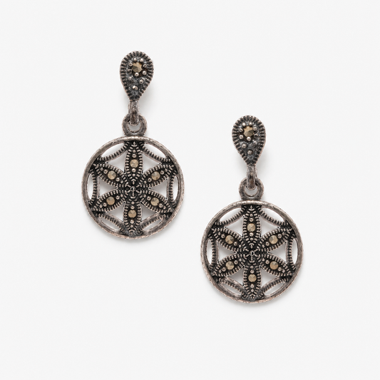 Oxidised Silver Floral Drop Earrings