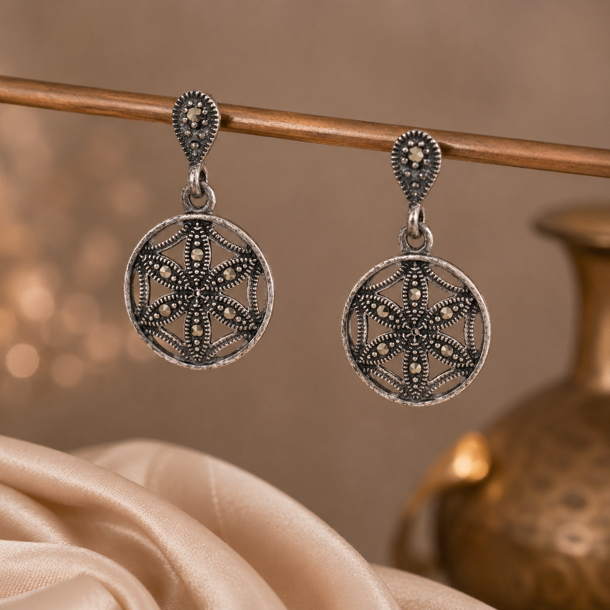 Oxidised Silver Floral Drop Earrings