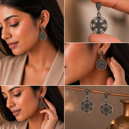 Oxidised Silver Floral Drop Earrings