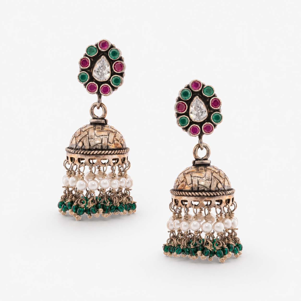 Traditional Pearl & Stone Oxidised Jhumka Earrings