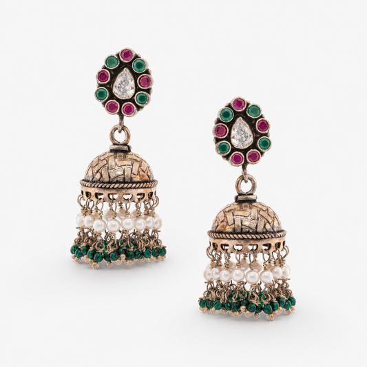 Traditional Pearl & Stone Oxidised Jhumka Earrings