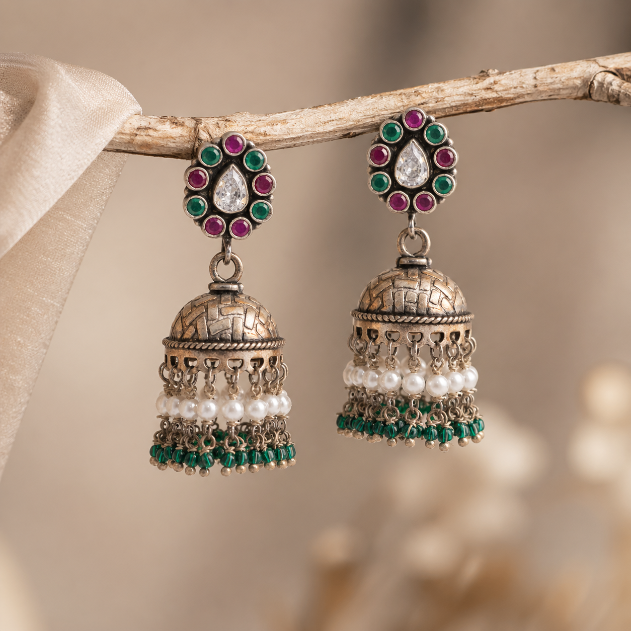 Traditional Pearl & Stone Oxidised Jhumka Earrings