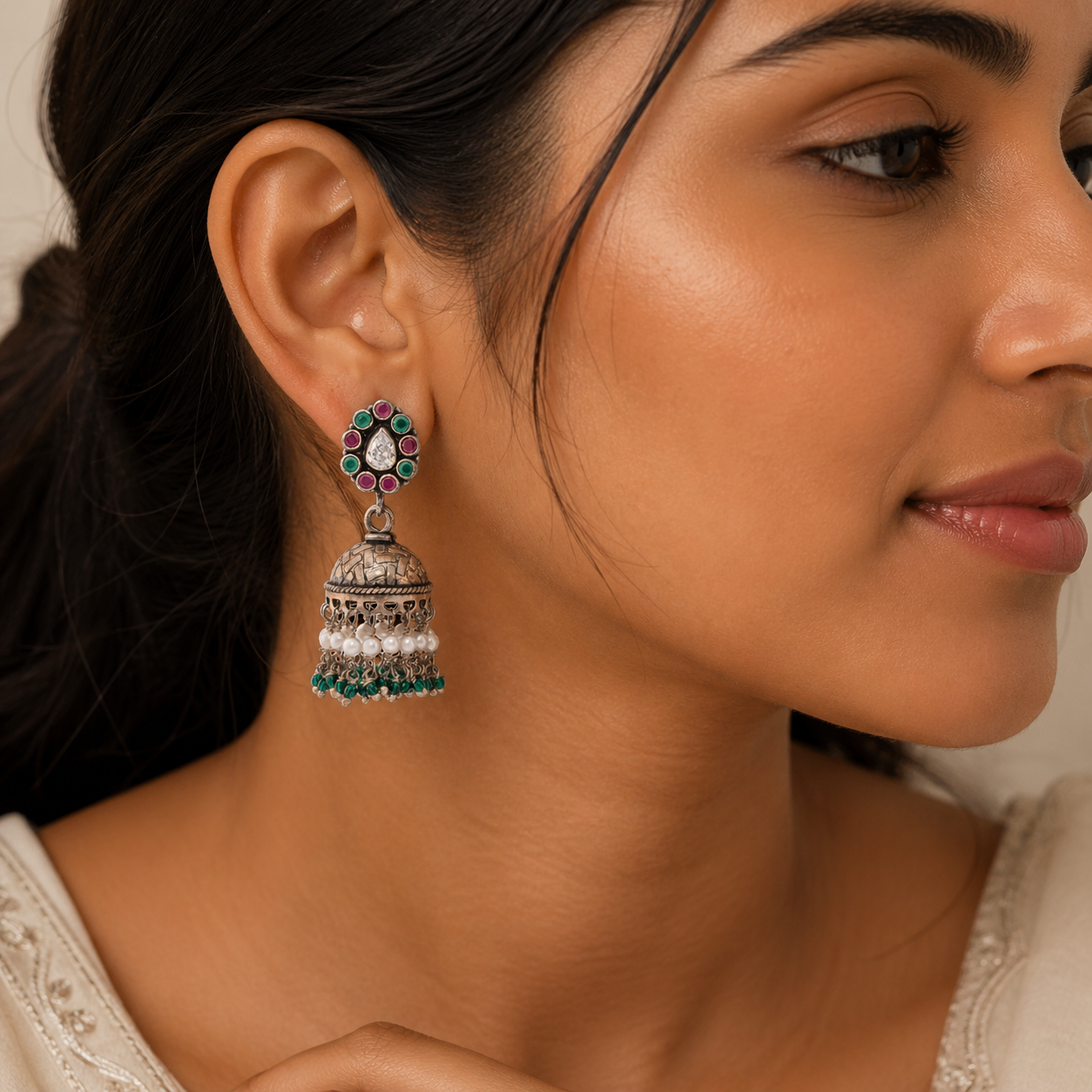 Traditional Pearl & Stone Oxidised Jhumka Earrings