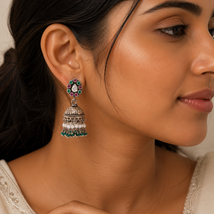 Traditional Pearl & Stone Oxidised Jhumka Earrings