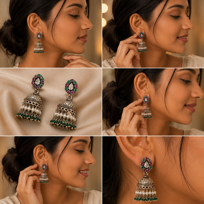 Traditional Pearl & Stone Oxidised Jhumka Earrings