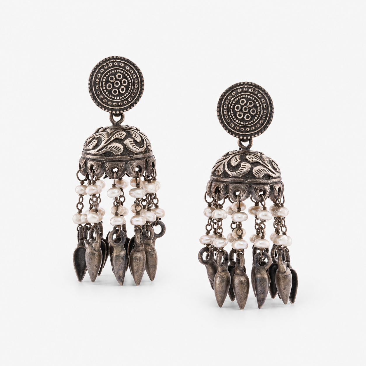 Oxidised Pearl Tassel Jhumka Earrings