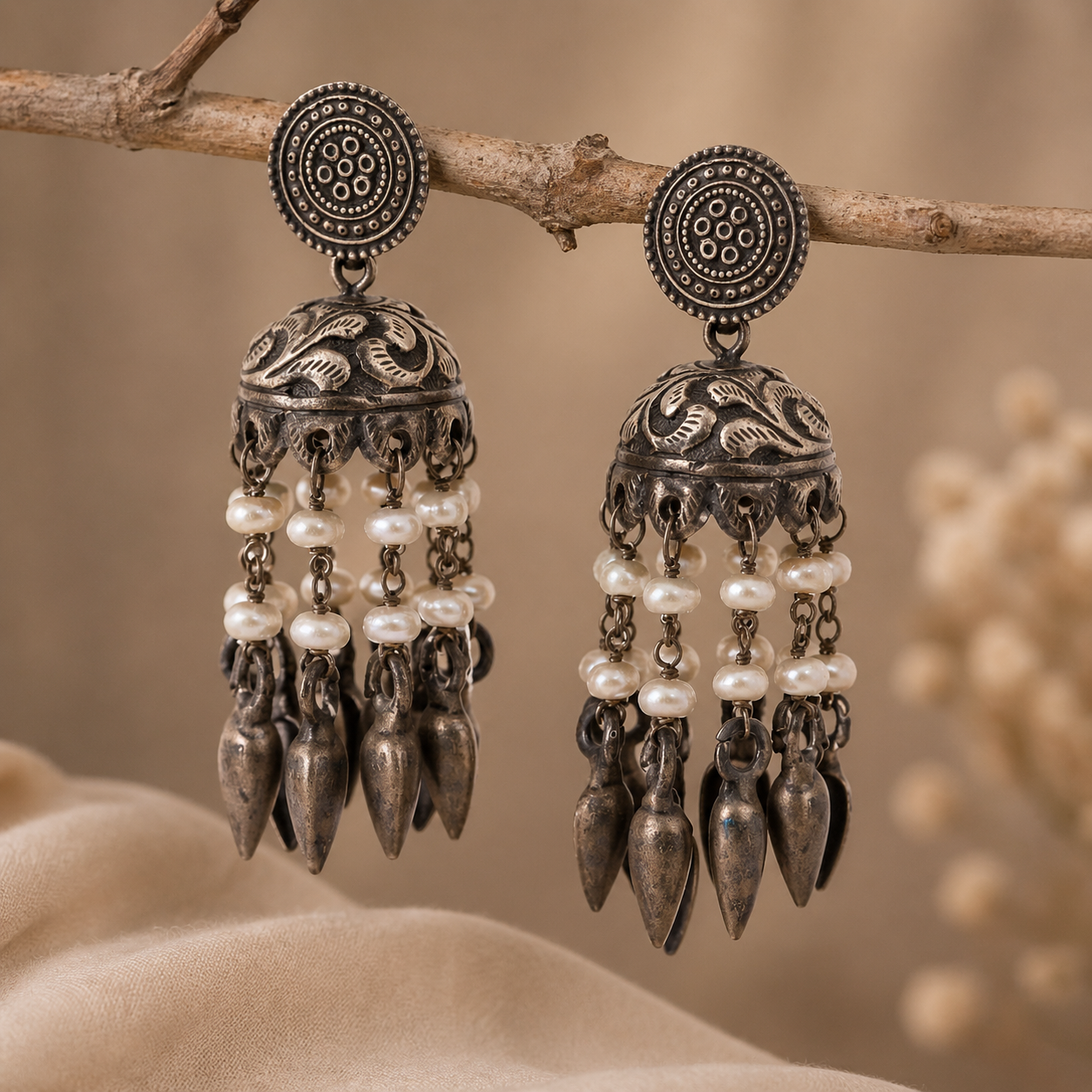 Oxidised Pearl Tassel Jhumka Earrings