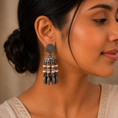Oxidised Pearl Tassel Jhumka Earrings