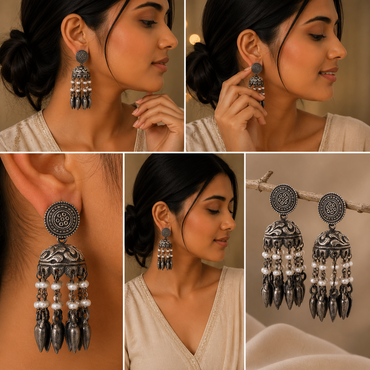 Oxidised Pearl Tassel Jhumka Earrings