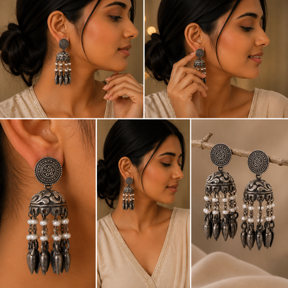 Oxidised Pearl Tassel Jhumka Earrings