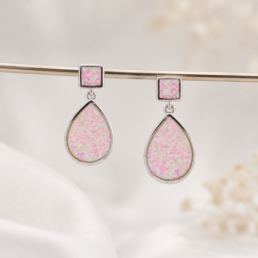 Pink Opal Teardrop Drop Earrings