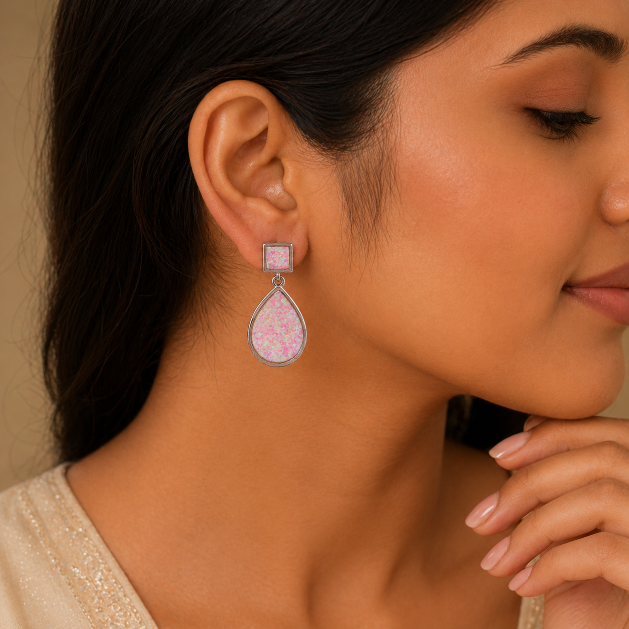 Pink Opal Teardrop Drop Earrings