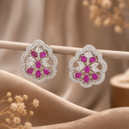 Floral Pink Stone Stud Earrings for Women