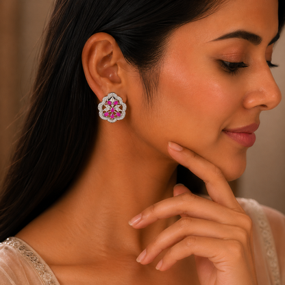 Floral Pink Stone Stud Earrings for Women