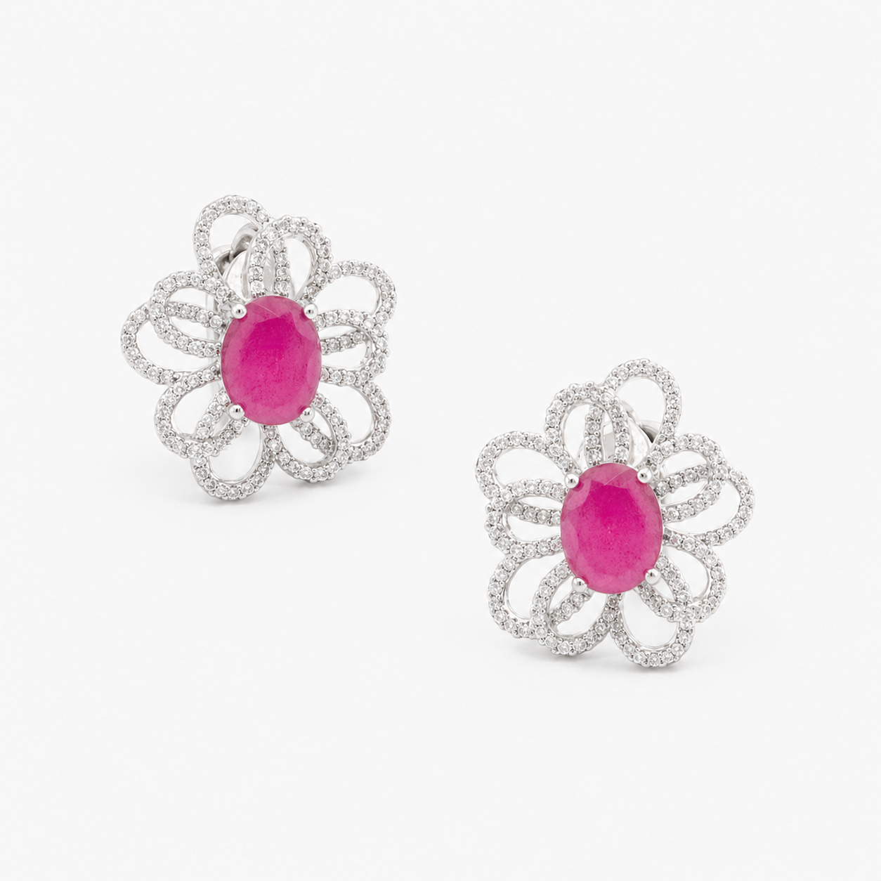 Pink Floral CZ Stud Earrings for Women