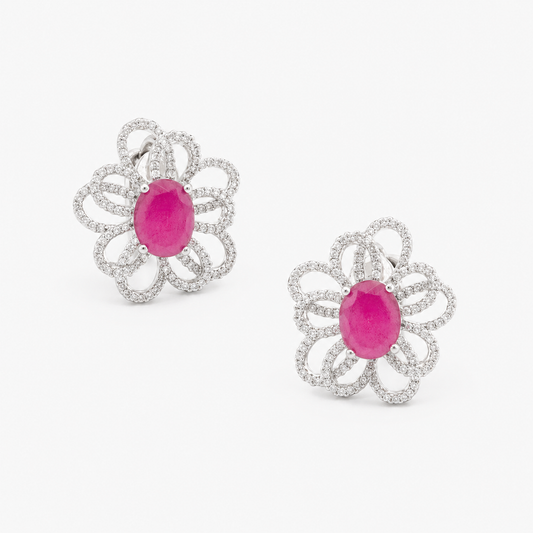 Pink Floral CZ Stud Earrings for Women