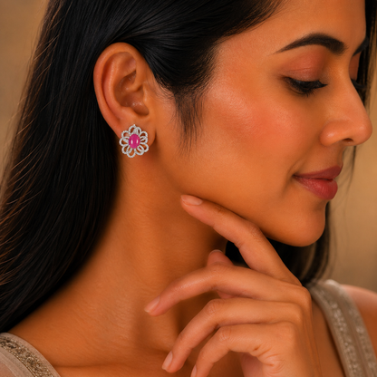 Pink Floral CZ Stud Earrings for Women