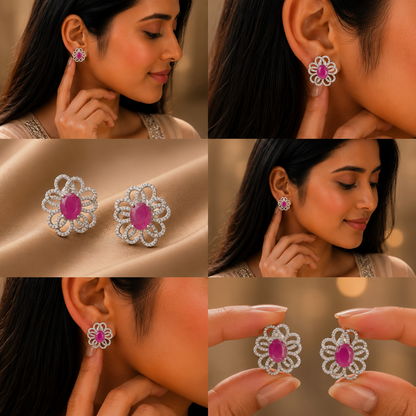 Pink Floral CZ Stud Earrings for Women