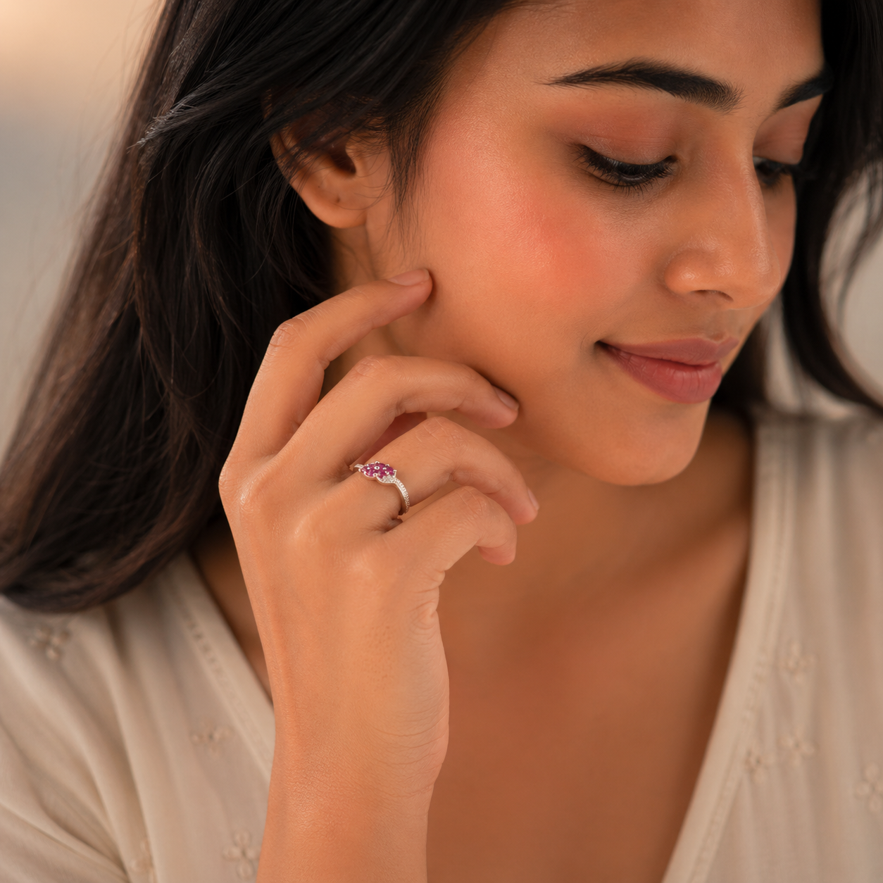 925 Sterling Silver Pink Stone Designer Ring